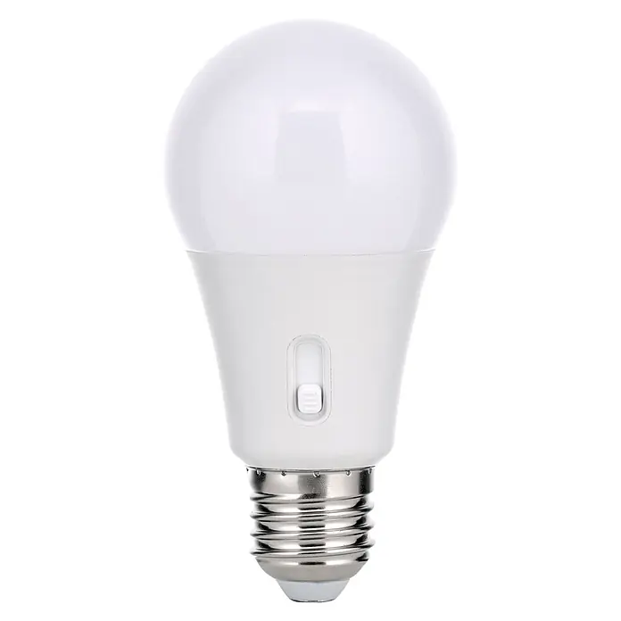 Orion Leuchten LED-Lampe - E27, Dimmbar, Mehrfarbig, 806 lm, 7,3 W - Weiße LED-Glühbirne mit milchigem Dom, kleinem seitlichem Schalter und metallischem Schraubsockel.