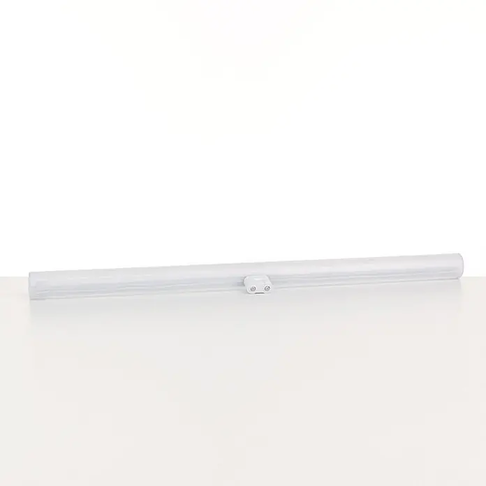 Orion Leuchten LED-Lampe - S14d, Nicht Dimmbar, Warmweiß, 750 lm, 8 W - Eine lange, durchscheinende weiße LED-Lichtröhre mit einer kleinen weißen Montageklammer in der Mitte.