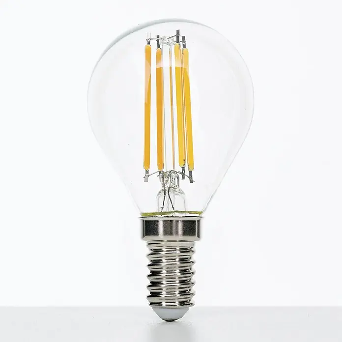 Orion Leuchten LED-Lampe - E14, Dimmbar, Warmweiß, 540 lm, 4,5 W - Klare Glas-LED-Filamentlampe mit sichtbaren orangefarbenen Filamenten und silbernem Schraubsockel.