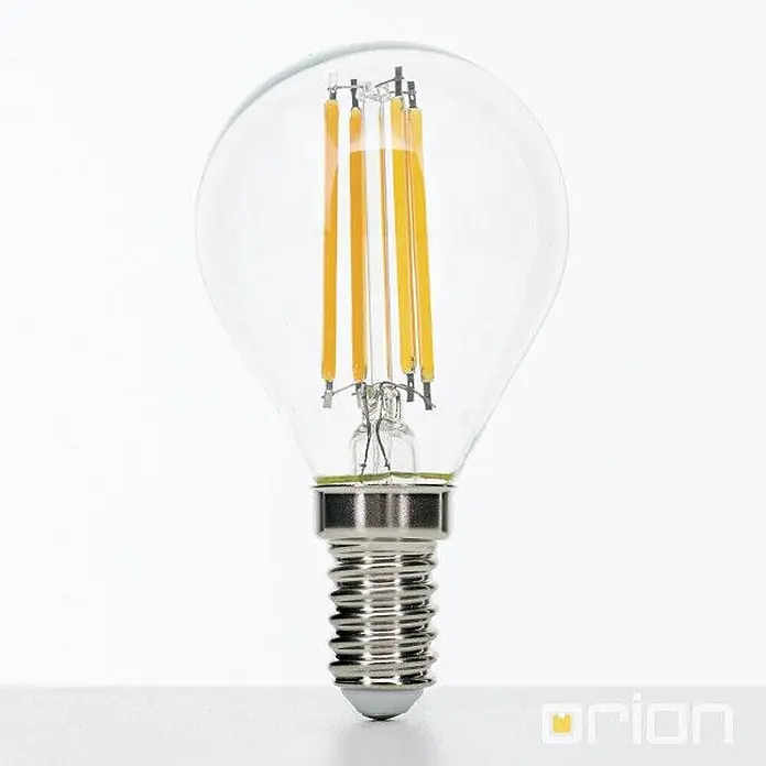 Orion Leuchten LED-Lampe - E14, Dimmbar, Warmweiß, 450 lm, 4,5 W - Klare Glas-LED-Filamentlampe mit gelben Filamenten und silbernem Schraubsockel.