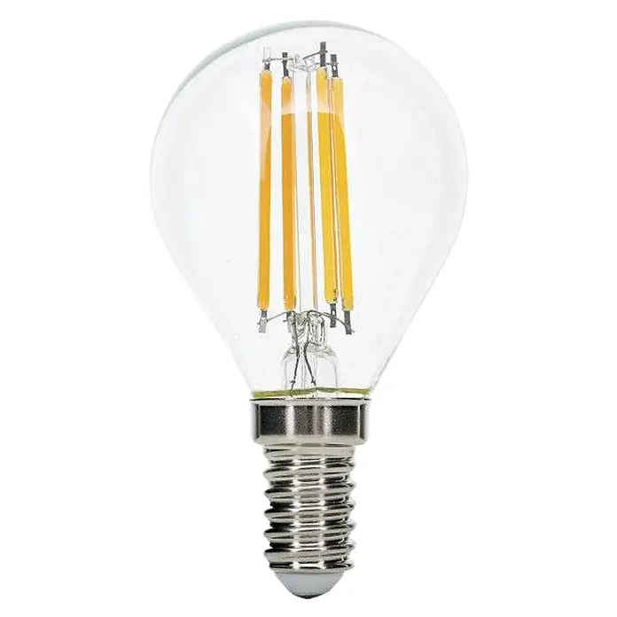 Orion Leuchten LED-Lampe - E14, Dimmbar, Warmweiß, 450 lm, 4,5 W - Klare LED-Filamentbirne mit gelben Filamenten und silbernem Schraubsockel.