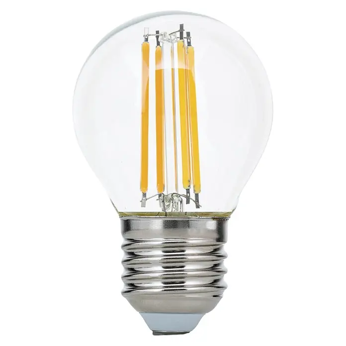 Orion Leuchten LED-Lampe - E27, Dimmbar, Warmweiß, 450 lm, 4,5 W - Klare LED-Filamentlampe aus Glas mit gelben Filamenten und silbernem Edisonsockel.