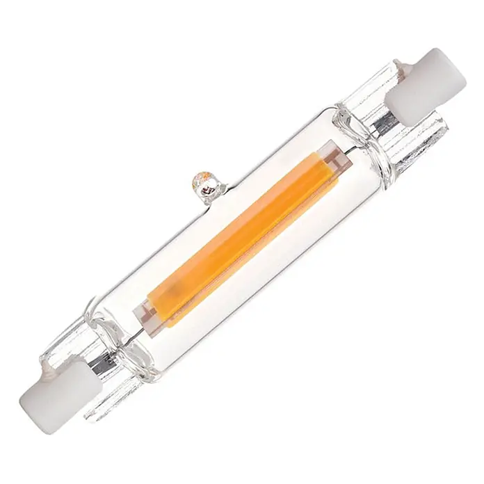 Orion Leuchten LED-Lampe - R7s, Nicht Dimmbar, Warmweiß, 450 lm, 4 W - R7s LED Linearleuchtmittel aus Klarglas mit orange-gelbem LED-Streifen und weißen Keramikkappen.
