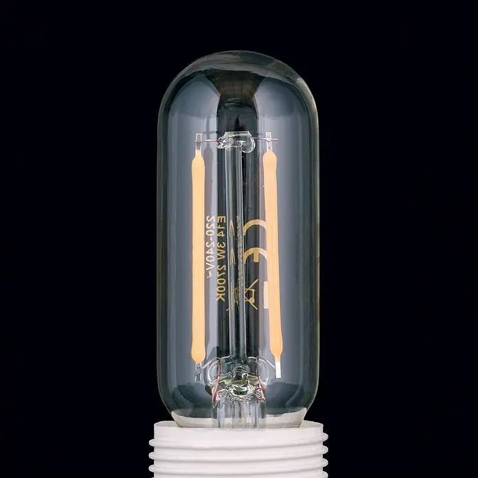 Orion Leuchten LED-Lampe - E14, Dimmbar, Warmweiß, 330 lm, 3 W - Klare Glas-LED-Röhrenlampe mit zwei sichtbaren bernsteinfarbenen LED-Filamenten und weißem E14-Schraubsockel.