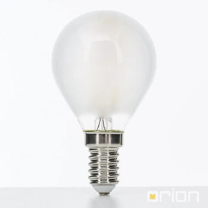 Orion Leuchten LED-Lampe - E14, Dimmbar, Warmweiß, 450 lm, 4,5 W - Frosted weiße E14 LED-Globus-Glühbirne mit silbernem Schraubsockel.