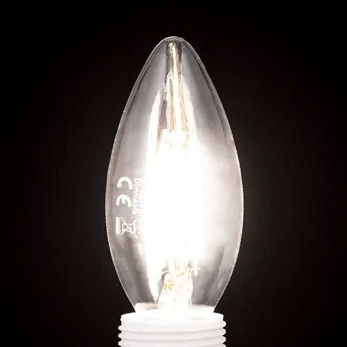 Orion Leuchten LED-Lampe - E14, Dimmbar, Warmweiß, 180 lm, 2 W - Beleuchtete, klare LED-Filament-Kerzenlampe mit weißem E14-Sockel, dimmbar, warmweißes Licht.
