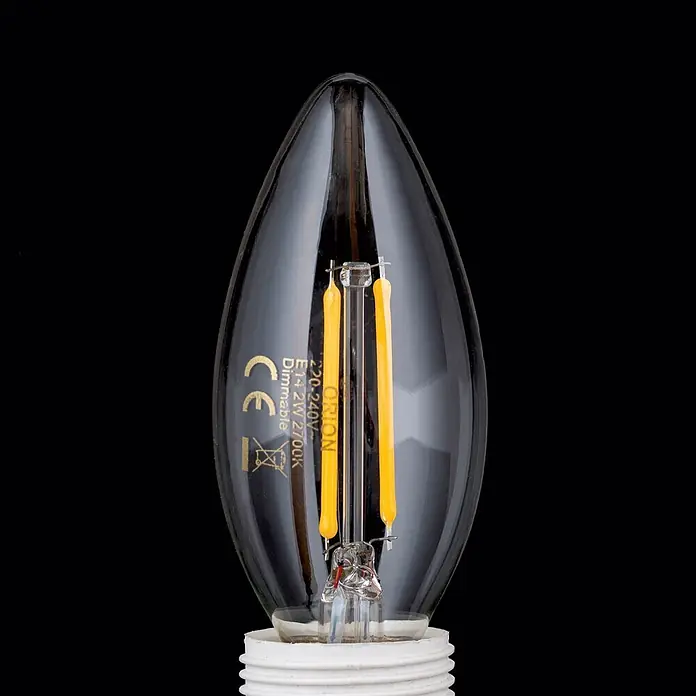 Orion Leuchten LED-Lampe - E14, Dimmbar, Warmweiß, 180 lm, 2 W - Klare Glas-Kerzen-LED-Filamentlampe mit gelben Filamenten und weißem E14-Schraubsockel.