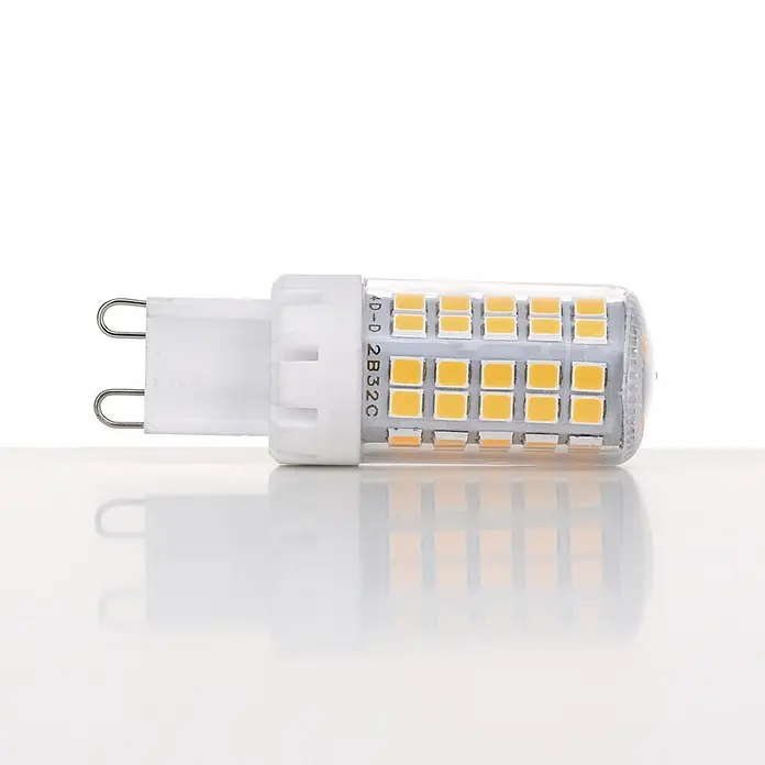 Orion Leuchten LED-Lampe - G9, Dimmbar, Warmweiß, 500 lm, 5 W - G9 LED-Leuchtmittel mit weißem Stecksockel und klarem zylindrischem Gehäuse, das gelbe LED-Chips enthält.