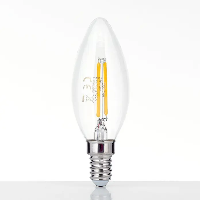 Orion Leuchten LED-Lampe - E14, Dimmbar, Warmweiß, 180 lm, 2 W - Klare E14 dimmbare LED Kerzenlampe mit gelben Filamenten.