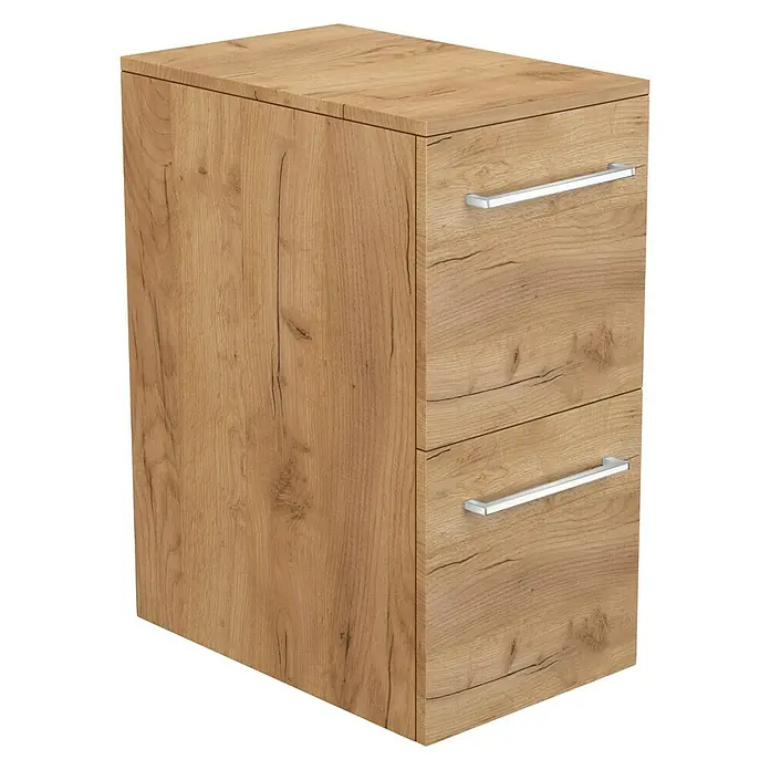 Camargue Espacio Unterschrank - 30 x 46 x 60 cm, Doce - Holzfarbener Badschrank mit zwei Schubladen und silbernen Griffen. Der Schrank ist für das Badezimmer geeignet und bietet Stauraum.