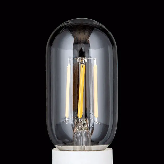 Orion Leuchten LED-Lampe - E27, Dimmbar, Warmweiß, 860 lm, 8 W - Klare Glas-LED-Glühbirne mit drei sichtbaren gelben Filamenten und weißem Sockel.