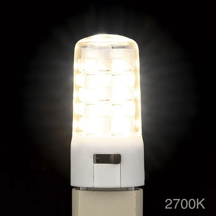 Orion Leuchten LED-Lampe - G9, Dimmbar, Mehrfarbig, 370 lm, 4 W - Warmweiße 2700K LED-Birne mit klarer zylindrischer Abdeckung und weißem Sockel, hell leuchtend.