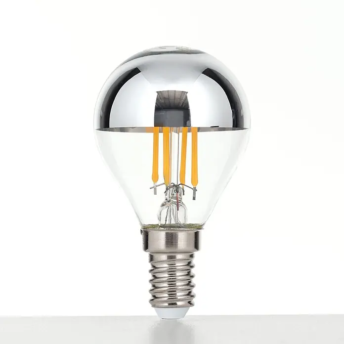 Orion Leuchten LED-Lampe - E14, Dimmbar, Warmweiß, 350 lm, 4 W - LED-Glühbirne mit klarem Glas, verchromter Oberseite, orangefarbenen Filamenten und Schraubsockel.