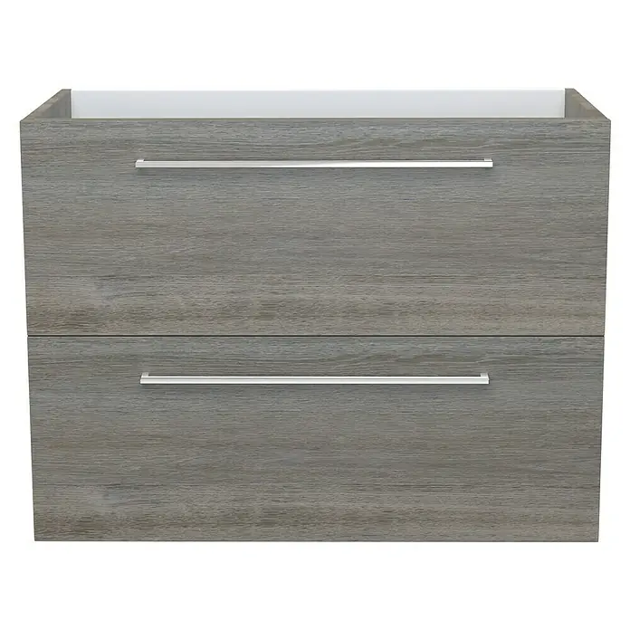 Camargue Espacio Waschtischunterschrank - 80 x 40 x 60 cm, 2 Schubkästen, Faro - Grauer Waschtischunterschrank mit zwei Schubladen und silbernen Griffen für ein modernes Badezimmerdesign.