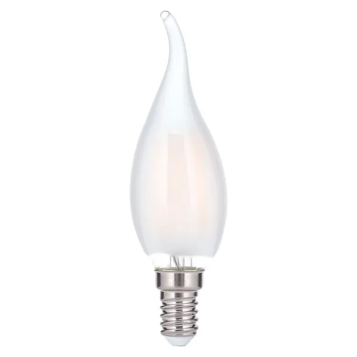 Orion Leuchten LED-Lampe - E14, Dimmbar, Warmweiß, 470 lm, 4,5 W - Eine mattweiße Kerzenflammen-Glühbirne mit silbernem Schraubsockel.