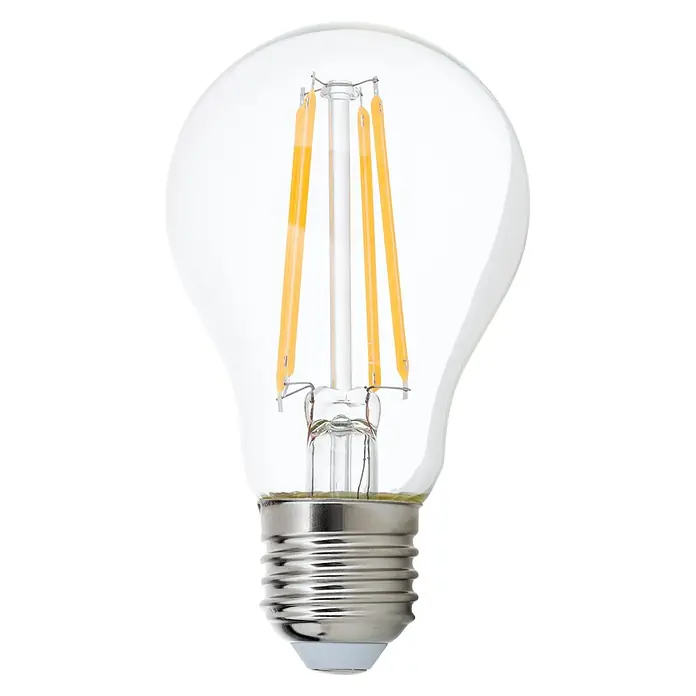 Orion Leuchten LED-Lampe - E27, Dimmbar, Warmweiß, 806 lm, 8 W - Klare Glas-LED-Filamentlampe mit orangefarbenen Filamenten und silbernem Schraubsockel.