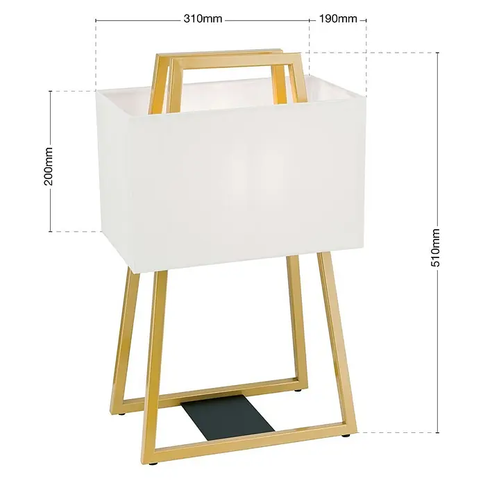 Orion Leuchten Tischleuchte - 40 W, L x B x H: 31 x 19 x 51 cm, E27 - Weiße rechteckige Stofflampe mit goldfarbenem Metallrahmen und schwarzem Fußschalter.