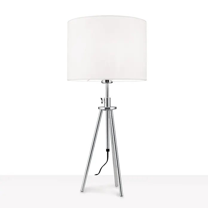 Orion Leuchten Tischleuchte - 40 W, L x B x H: 30 x 30 x 22 cm, E27 - Moderne Stehleuchte mit weißem zylindrischem Stoffschirm und silbernem Stativfuß, höhenverstellbar.