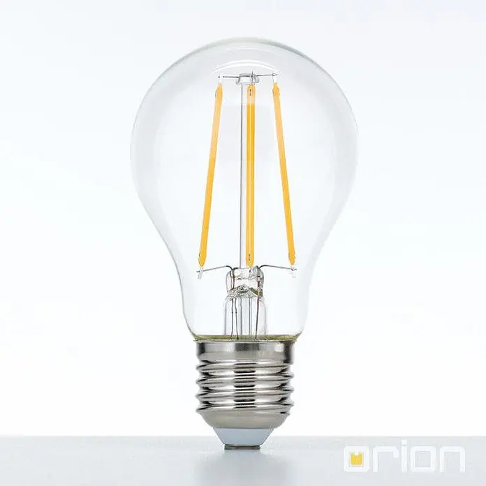 Orion Leuchten LED-Lampe - E27, Dimmbar, Warmweiß, 1.500 lm, 10 W - Klare Glas-LED-Filamentlampe mit sichtbaren bernsteinfarbenen Dioden und silbernem Schraubsockel.