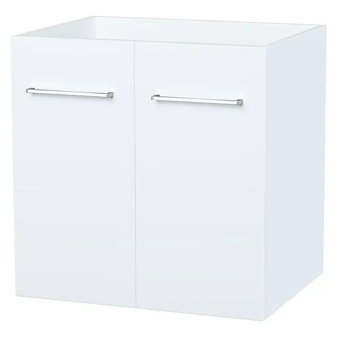 Camargue Espacio Waschtischunterschrank - 60 x 46 x 60 cm, 1 Einlegeboden, Mira - Ein schlichter, weißer Badezimmerschrank mit zwei Türen und modernen, silberfarbenen Griffen.