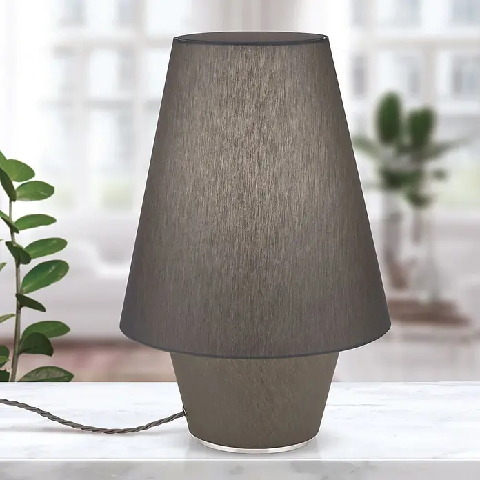 Orion Leuchten Tischleuchte - 40 W, L x B x H: 38 x 38 x 55 cm, E27 - Dunkelgraue konische Tischlampe mit Stoffschirm und passendem Fuß auf einer Marmoroberfläche.