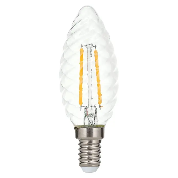 Orion Leuchten LED-Lampe - E14, Nicht Dimmbar, Warmweiß, 330 lm, 3 W - Klare LED-Filament Kerzenlampe aus gewundenem Glas mit orangefarbenen Filamenten und Silbersockel.