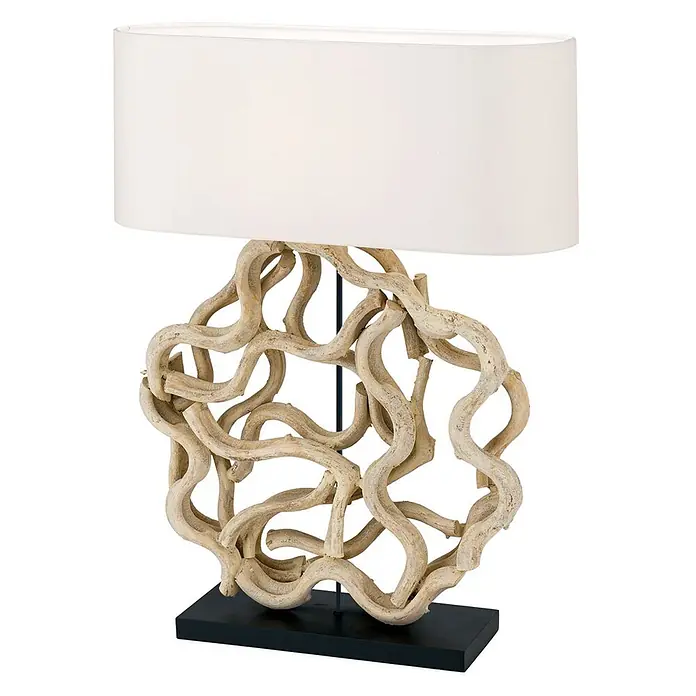 Orion Leuchten Tischleuchte - 40 W, L x B x H: 55 x 20 x 73 cm, E27 - Tischlampe mit einem gewundenen, hellen Holzfuß und einem weißen ovalen Stofflampenschirm auf schwarzem Sockel.