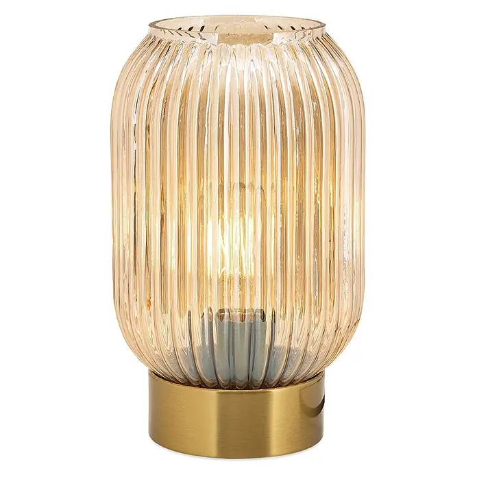 Orion Leuchten Tischleuchte - 40 W, L x B x H: 14 x 14 x 24 cm, E27 - Bernsteinfarbene Tischleuchte aus geripptem Glas mit Messingsockel und leuchtender Glühbirne.