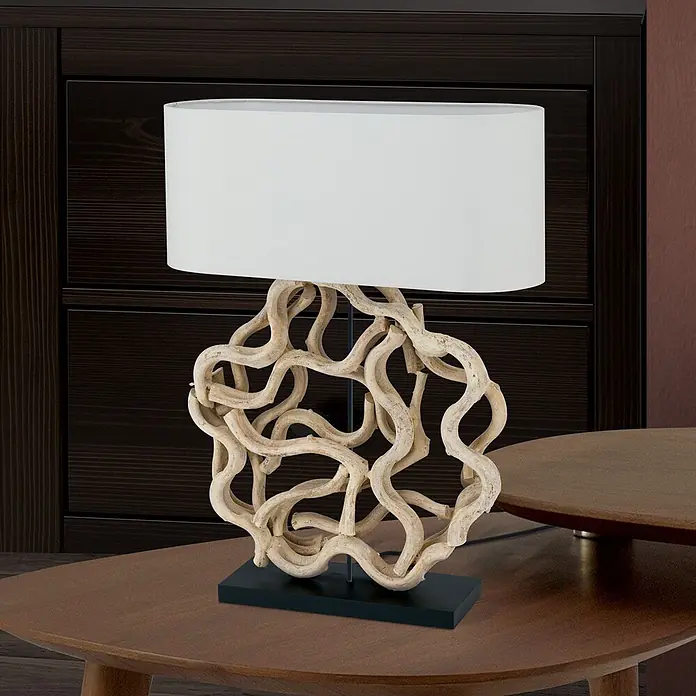 Orion Leuchten Tischleuchte - 40 W, L x B x H: 55 x 20 x 73 cm, E27 - Tischleuchte mit ovalem, weißem Stoffschirm und natürlichem, hellem Holzfuß aus verschlungenen Ästen auf Holztisch.