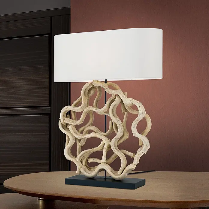 Orion Leuchten Tischleuchte - 40 W, L x B x H: 55 x 20 x 73 cm, E27 - Tischleuchte mit weißem, rechteckigem Schirm und verschlungenem hellem Holzfuß auf einem Holztisch.