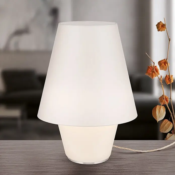 Orion Leuchten Tischleuchte - 40 W, L x B x H: 32 x 32 x 41 cm, E27 - Weiße Tischlampe mit konischem Schirm und leuchtendem Milchglassockel auf Holztisch.