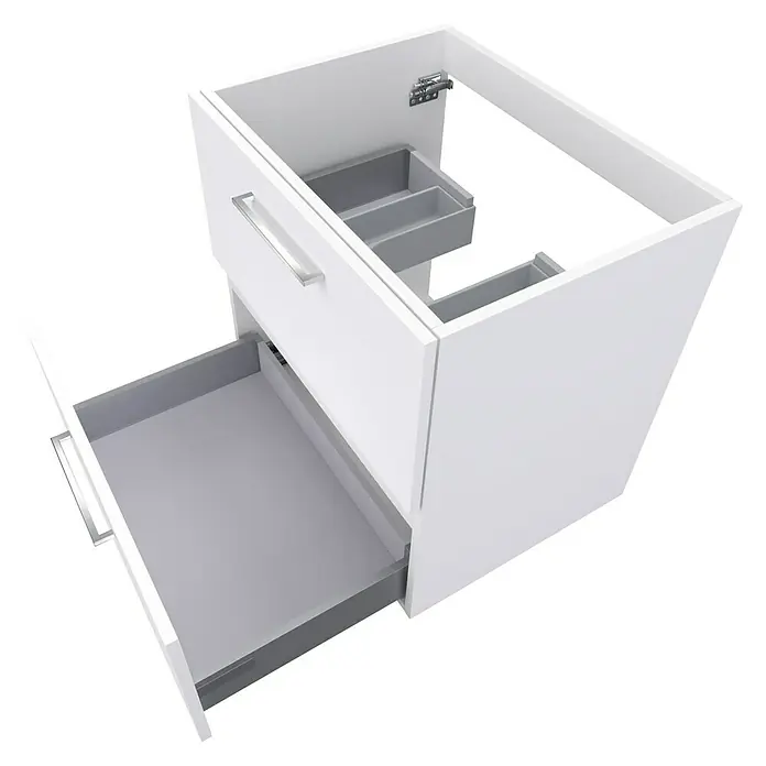 Camargue Espacio Waschtischunterschrank - 60 x 46 x 60 cm, 2 Schubkästen, Mira - Ein weißer Badezimmerschrank mit zwei Schubladen, wobei die untere Schublade geöffnet ist, um das Innere zu zeigen.