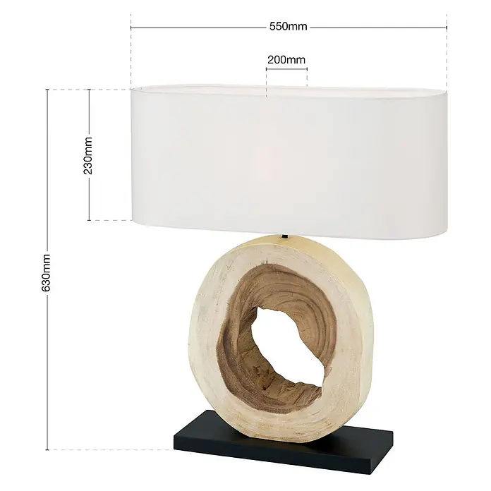 Orion Leuchten Tischleuchte - 40 W, L x B x H: 55 x 20 x 63 cm, E27 - Tischlampe mit weißem ovalen Schirm, Fuß aus Naturholzstamm mit organischem Loch und schwarzem Sockel. Gesamthöhe 630mm.