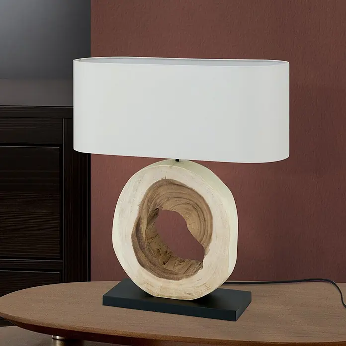 Orion Leuchten Tischleuchte - 40 W, L x B x H: 55 x 20 x 63 cm, E27 - Natürliche Holz-Tischlampe mit ausgehöhltem, rundem Fuß und weißem ovalen Lampenschirm auf einem Holztisch.