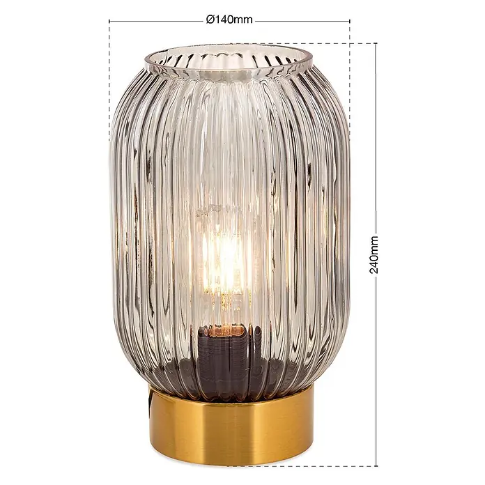 Orion Leuchten Tischleuchte - 40 W, L x B x H: 14 x 14 x 24 cm, E27 - Tischleuchte aus geriffeltem Glas mit Messingsockel und beleuchteter Glühbirne, 240 mm hoch.