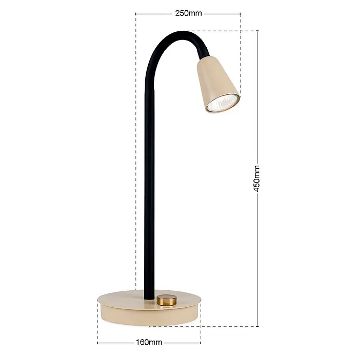 Orion Leuchten Tischleuchte - 40 W, L x B x H: 25 x 16 x 47 cm, GU10 - Schwarze und beige gebogene Schreibtischlampe mit konischem Schirm und rundem Fuß, inklusive goldenem Bedienknopf.