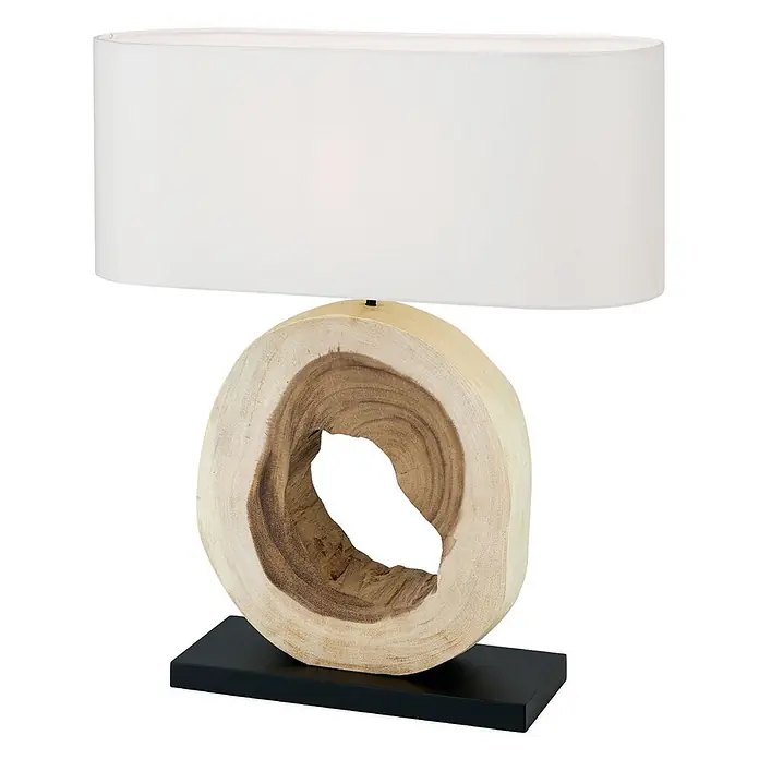 Orion Leuchten Tischleuchte - 40 W, L x B x H: 55 x 20 x 63 cm, E27 - Tischlampe mit naturbelassenem Holzscheibenfuß mit zentralem Loch, einem weißen ovalen Schirm und schwarzem Sockel.