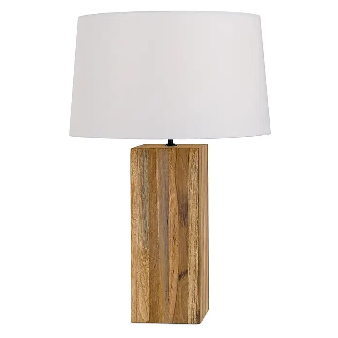 Orion Leuchten Tischleuchte - 40 W, L x B x H: 35 x 35 x 53 cm, E27 - Tischlampe mit weißem zylindrischem Lampenschirm und rechteckigem Naturholzsockel.