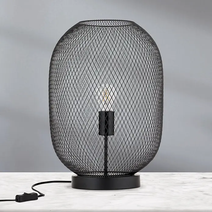 Orion Leuchten Tischleuchte - 40 W, L x B x H: 30 x 30 x 43 cm, E27 - Schwarze Tischlampe aus Metallgeflecht mit sichtbarer Glühbirne.