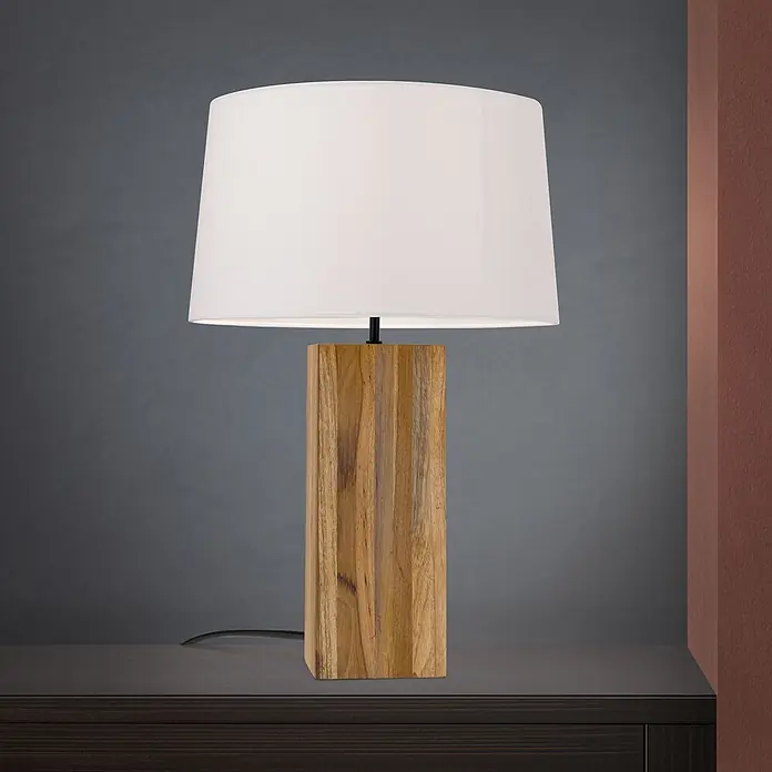 Orion Leuchten Tischleuchte - 40 W, L x B x H: 35 x 35 x 53 cm, E27 - Tischleuchte mit rechteckigem Holzsockel in Naturholz und weißem Stoff-Schirm.