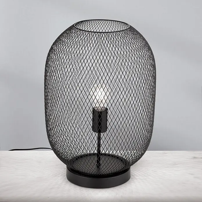 Orion Leuchten Tischleuchte - 40 W, L x B x H: 30 x 30 x 43 cm, E27 - Schwarze Tischleuchte aus Metallgeflecht mit sichtbarer Glühbirne.