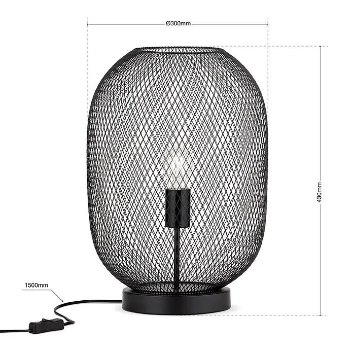 Orion Leuchten Tischleuchte - 40 W, L x B x H: 30 x 30 x 43 cm, E27 - Schwarze Metallgitter-Tischlampe, 300x430mm, mit schwarzem Fuß, sichtbarer Glühbirne und 1500mm Kabel mit Schalter.