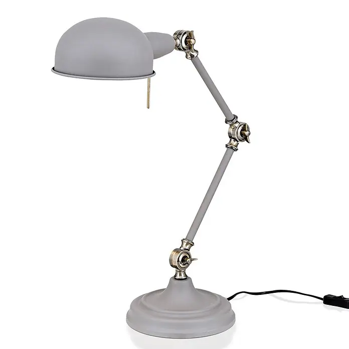 Orion Leuchten Tischleuchte - 40 W, L x B x H: 43 x 17 x 48 cm, E27 - Graue verstellbare Schreibtischlampe mit messingfarbenen Gelenken und schwarzem Netzkabel.