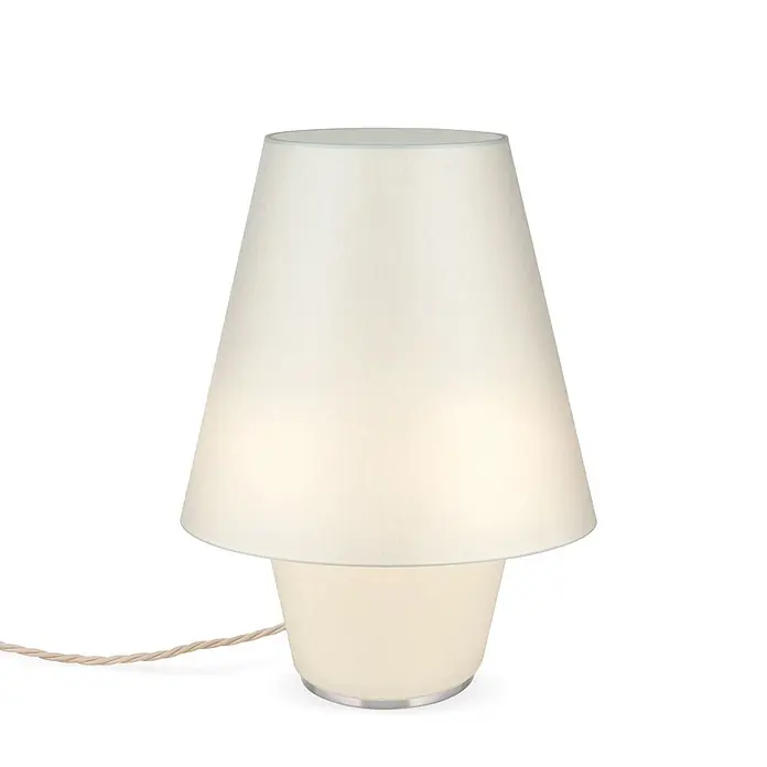 Orion Leuchten Tischleuchte - 40 W, L x B x H: 25 x 25 x 30 cm, E27 - Konische Tischleuchte mit cremefarbenem Stoffschirm, milchweißem Fuß und geflochtenem beigefarbenem Kabel.