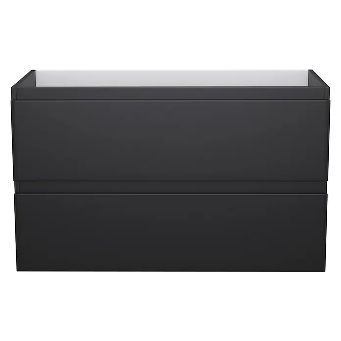 Camargue Espacio Waschtischunterschrank - 100 x 46 x 60 cm, 2 Schubkästen, Gama anthrazit matt - Schwarzer Waschbeckenunterschrank mit zwei Schubladen und weißem Innenraum. Der Schrank hat eine moderne, minimalistische Optik.