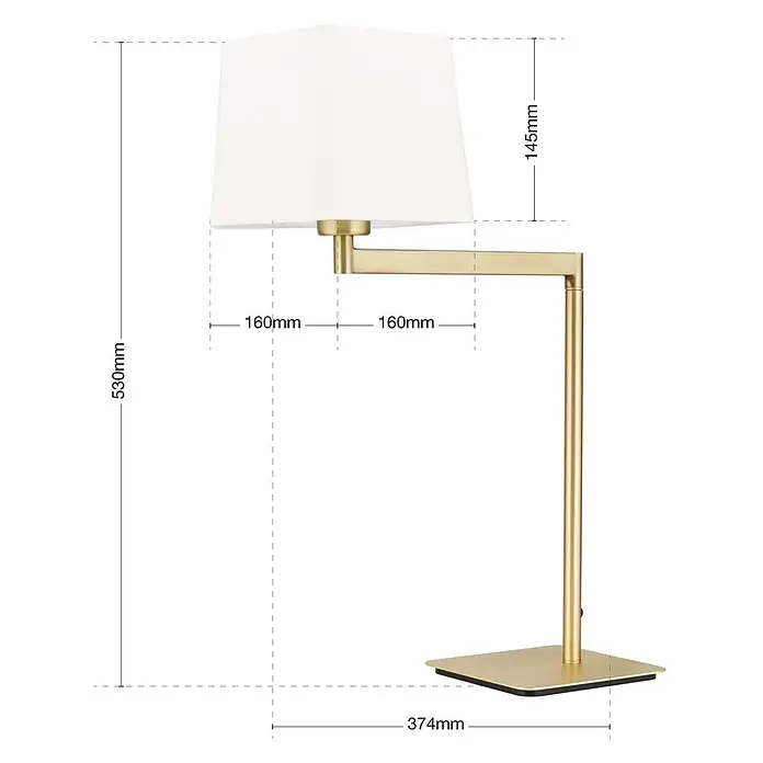 Orion Leuchten Tischleuchte - 40 W, L x B x H: 37,5 x 16 x 53 cm, E27 - Goldene Tischlampe mit weißem, rechteckigem Schirm und verstellbarem Arm, auf quadratischem Sockel.