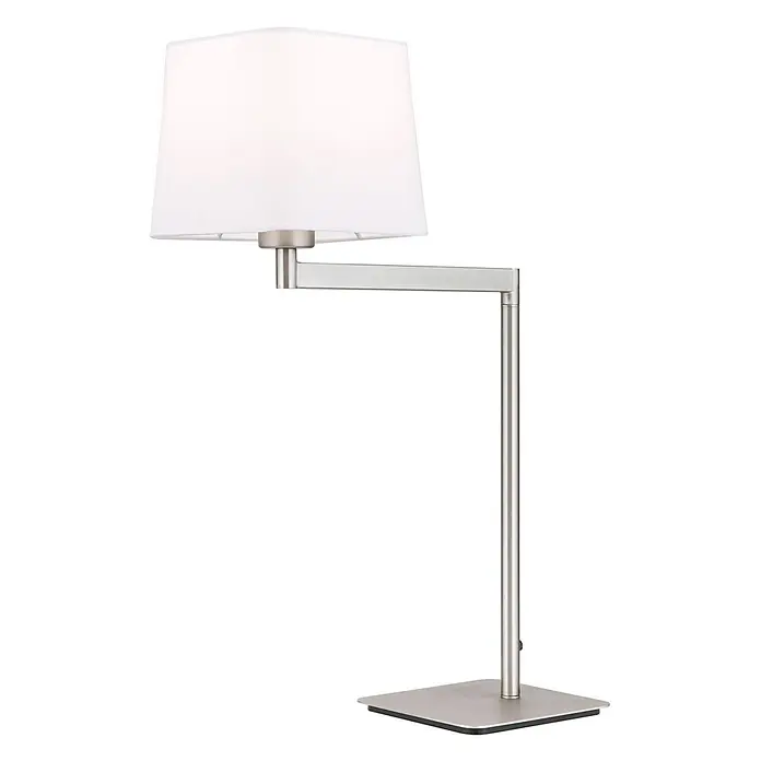 Orion Leuchten Tischleuchte - 40 W, L x B x H: 37,5 x 16 x 53 cm, E27 - Moderne Schreibtischlampe mit weißem, quadratischem Schirm, verstellbarem Arm aus gebürstetem Metall und quadratischem Sockel.