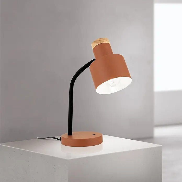 Orion Leuchten Tischleuchte - 40 W, L x B x H: 25 x 25 x 35 cm, E27 - Terrakotta Schreibtischlampe mit schwarzem gebogenem Arm, Holzdetail und leuchtender Birne.