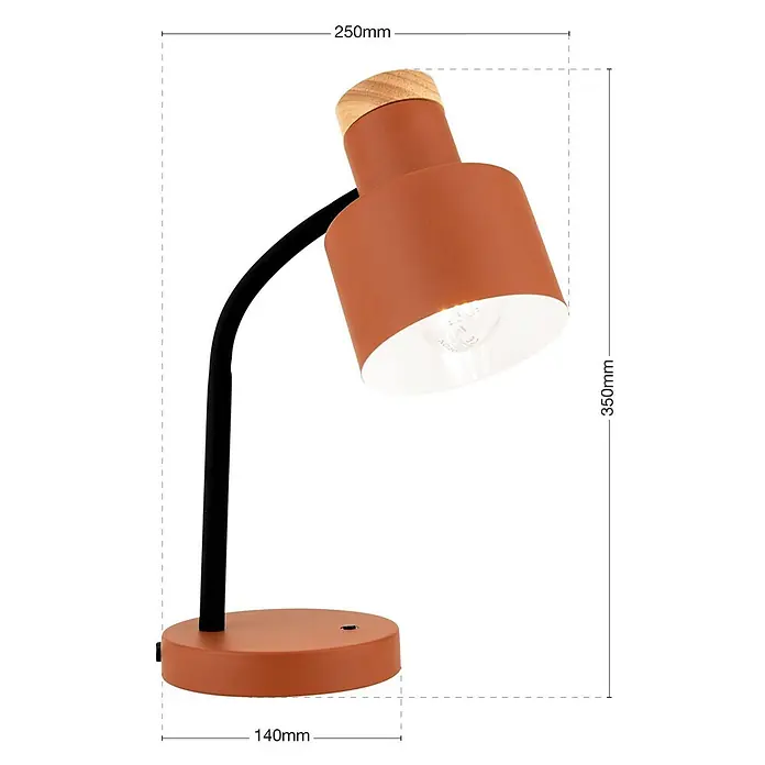 Orion Leuchten Tischleuchte - 40 W, L x B x H: 25 x 25 x 35 cm, E27 - Terrakotta-Schreibtischlampe mit schwarzem gebogenem Stiel und Details aus Naturholz. Rundsockel und verstellbarer Lampenschirm.
