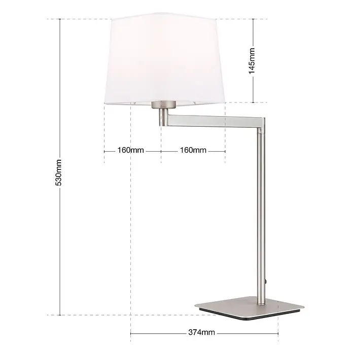 Orion Leuchten Tischleuchte - 40 W, L x B x H: 37,5 x 16 x 53 cm, E27 - Tischleuchte aus gebürstetem Metall mit verstellbarem Arm und quadratischem weißen Stoffschirm auf quadratischem Fuß.